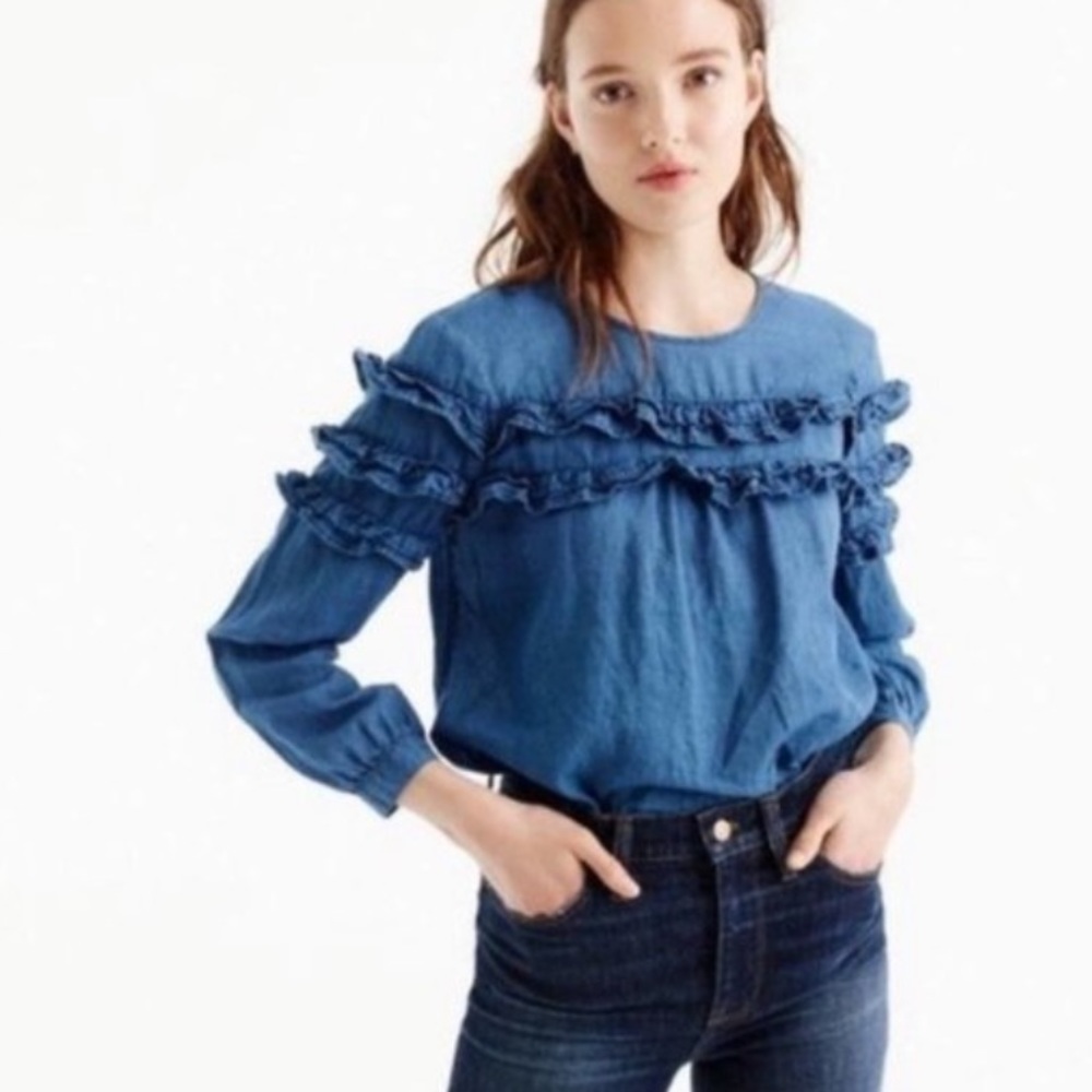 J Crew Blue Chambray Long Sleeve Ruffle Blouse - Picture 1 of 4